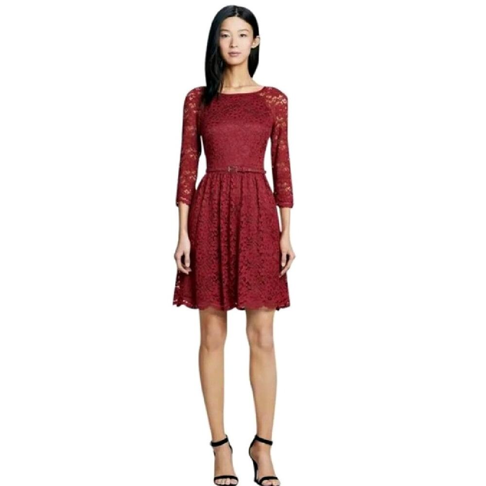 TRINA TURK Rosalind Lace Belted Dress Size 6 Oxblood Red Cocktail Party